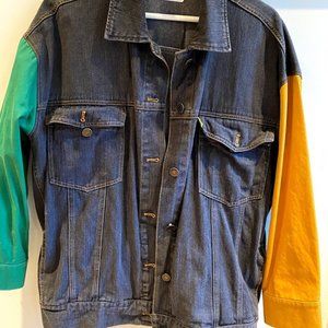 Grey jean denim jacket with yellow green sleeve